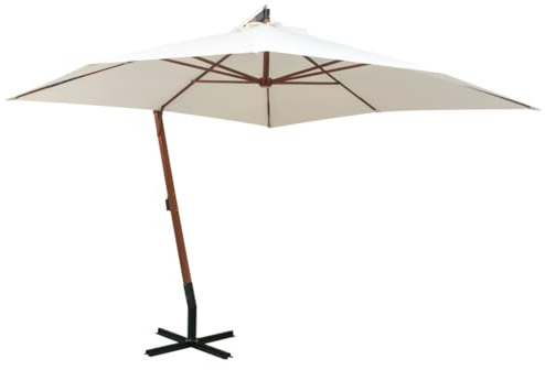 Mokuyary Parasol Suspendu avec Poteau en Bois 300x300 cm Blanc, Parasol de Extérieur pour Terrasse, Piscine, Plage, Restaurants, Balcon
