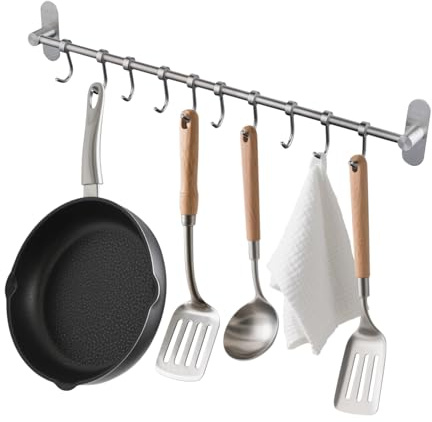 Kelelife Geschirr hängende Rack mit 10 abnehmbaren Haken keine Bohrung, Edelstahl Küche Schiene Pfanne Hanger Wandmontage Organizer für Werkzeuge, Handtücher, Töpfe, Mäntel, Hüte gebürstetes Nickel