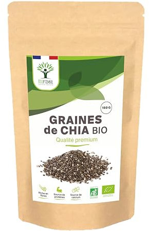 Graines de Chia Bio - Bioptimal - Superaliment - Omega 3 Protéines Calcium Fibres - Digestion Minceur Transit - 100% Graine de Chia Premium Crue - Conditionné en France - Certifié par Ecocert - 150 g