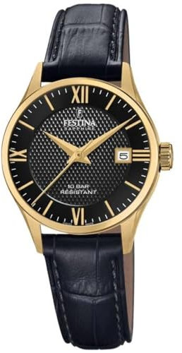 Festina Uhr Für Damen F20011/4 Swiss Made Gold Edelstahl Case SchwarzLeder Band
