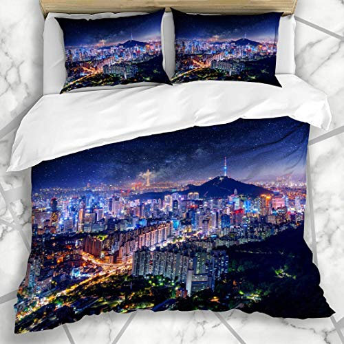 NOLYXICI Bettwäscheset Stadt-Nachtansicht-im Stadtzentrum gelegenes Stadtbild-Seoul-Weisen-Turm-Bestimmungsort-Korea-Koreaner-Metropolen-milchiges Design Mikrofaser weich dreiteilig135*200
