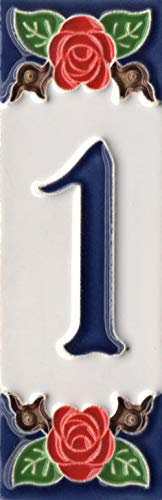 Numeri civici, numeri e lettere italiane in ceramica, motivo rosa, dimensioni piastrelle: 10 cm x 3,5 cm, 3 a 6 cornici (numero 1)