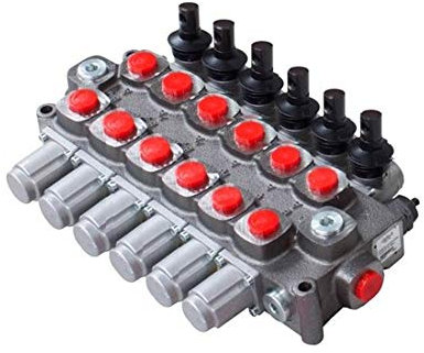 Galtech 6 Bank 3/4 BSP 120 l/min Double Acting Cylinder Spool Hydraulic Monoblock Valve, Cast-Iron, for Log Splitters, Tractors, Loaders