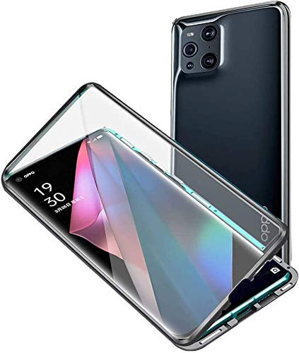 Handyhülle für OPPO Find X3 Pro Hülle Magnetische Adsorption Ultra dünn Metallrahmen 360 Grad Schutzhülle Vorne und Hinten Transparent Vollbildabdeckung Gehärtetem Glas Schutz Case Flip Cover,Schwarz