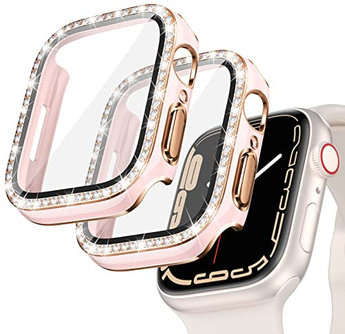Kamita [2 Pack] Custodia Diamond per Apple Watch Series SE 2023/6/5/4, PC Cover rigida antigraffio con schermo in vetro temperato, Pellicola salvaschermo glitterata per iWatch 6 40mm(Rosa-Rosa-oro)