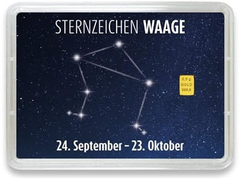 Goldstücke24 - Goldbarren mit Sternzeichen in Motivbox - Tolle Geschenkidee - Echtheitsgarantie (Waage: 24. September - 23. Oktober, 0,5g Gold)