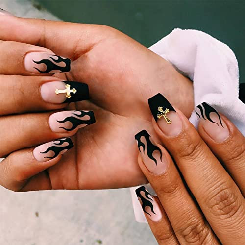 Luvadeyo Set de 24 faux ongles courts et carrés flamme noire, mat, à pression, pose complète, acrylique, avec colle, pour les fêtes