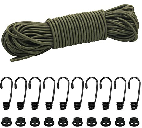 suruikei Gummiseil 5mm 20m dunkelgrün, elastisches Expanderseil Gummischnur Gummikordel Gummiband Planenseil Spannseil mit Haken Zubehör DIY (Dunkelgrün, 5mm x 20m)