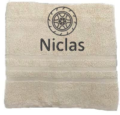 Pet-Jos Personalisiertes Handtuch mit Namen Schön gestickter Sport Name Handbadetuch 100% Baumwollhandtuch Sportliche Motive Personalized Custom Towel with Name (100 x 50 cm, Autoreifen)