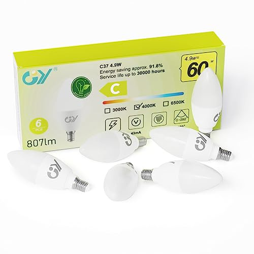 GY E14 LED Neutralweiss Lampe 4.9W 4000K 807 Lumen Neutralweiß Leuchtmittel,C37 Kerze Energiesparlampe 60W lampe ersetzt,Nicht Dimmbar LED Birnen,6 stück [Energieeffizienzklasse C]