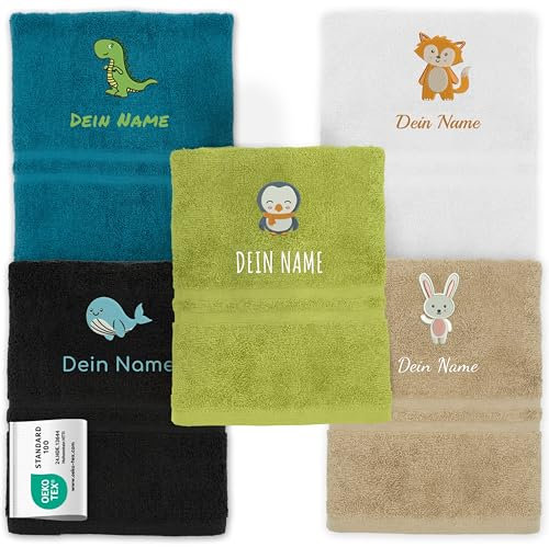 Kinderhandtuch mit Namen Bestickt, Oeko-TEX® Standard 100 - Personalisiertes Handtuch für Kinder aus nachhaltiger Baumwolle mit gesticktem Namen und Motiv (70 x 140 cm, Beige)