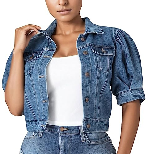KBOPLEMQ Women's Short Denim Jacket Fashion Short Sleeve Bubble Sleeve Jacket Denim Coat Cardigan Jacket Vintage Denim Jacket with Pockets Winter Autumn Wind Jacket with Buttons Large Sizes M-3XL