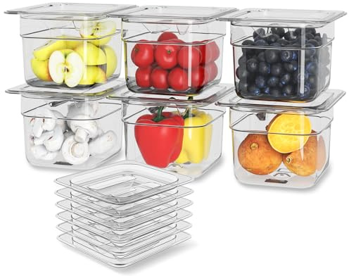 HNEDSEN 6 Pack Plastic Food Pan with Lid 1/6 Size 4 Inch Deep Restaurant Clear Food Storage Containers with lids Polycarbonate Commercial Hotel Pans for Fruits Vegetables Beans Corns (6 PCS, 4'' Deep)