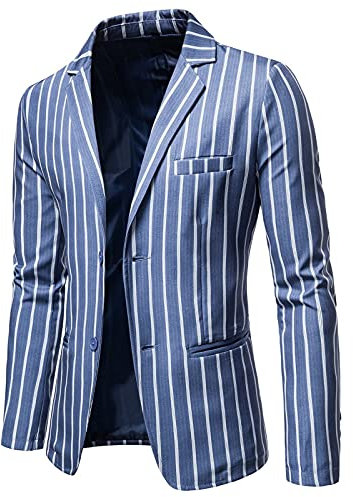 GREGG Men's Casual Stylish Blazer Slim Fit Long Sleeve Two Button Suit Jacket Vintage Striped Sports Coat for Wedding Party(Blue,XX-Large)