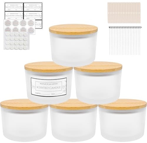 CONNOO Kerzengläser mit 3 Dochten, Milchglas, breite Öffnung, mit Bambusdeckel, klebrigen Warnschildern und einem Kerzendocht-Set für die Kerzenherstellung, spülmaschinenfest, 473 ml, 6 Stück