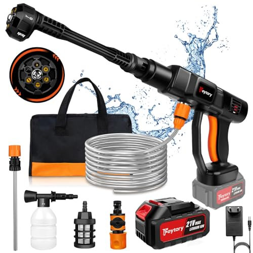 Hidrolimpiadora sin Cable,21V 45 Bar/652 PSI Hidrolimpiadora portátil con batería de 3.0Ah,Boquilla Ajustable 6 en 1,Manguera de 16.4FT Limpiadora a presión para Coche/Suelo/jardín Limpieza y riego