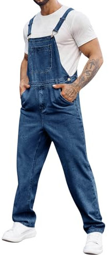 Runcati Salopette da uomo in denim, pantaloni da lavoro, pantaloni estivi streetwear, jeans casual, spalline regolabili, Blu mare, XL