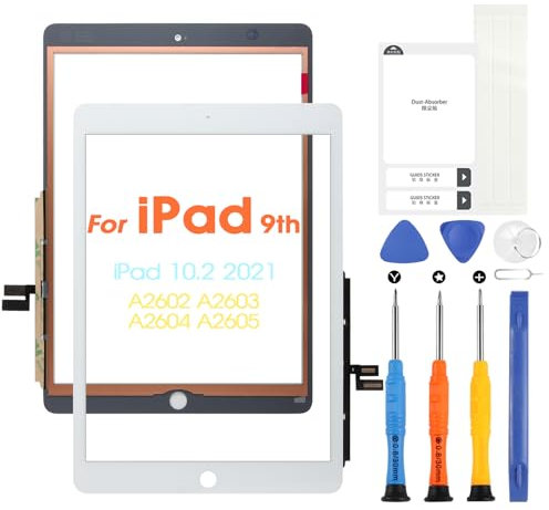 Touchscreen per iPad 9 2021 9th Generazione, Digitizer Touch Screen per iPad 10.2 2021 A2602 A2603 A2604 A2605, Schermo tattile Frontale, include Strumenti di Riparazione, Senza Pulsante Home (White)