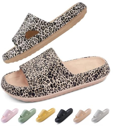 IDEINER Badeschuhe Damen Herren Hausschuhe Cozislides Original Slippers Wolken Pantoletten Rutschfest Weicher Dicker Sohle Badelatschen Sommer Sandalen Cloudyzz Slides Leopardenmuster Gr. 38/39