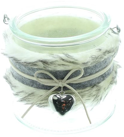 FRANK FLECHTWAREN Windlicht Silberherz, Glas, Filz, Kunstfell, Metall, Kunstleder Maße: Ø 12 x 13 cm, ohne Kerze, Elegantes Design