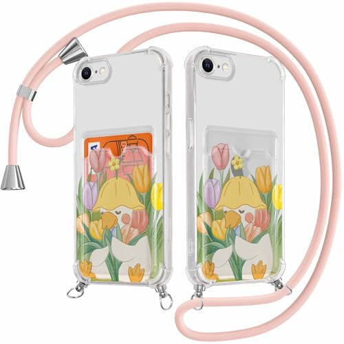 Kueqeay Coque avec avec Porte-Carte pour iPhone 7/8 / SE 2020/2022 4,7, Étui avec Collier Lanière Cordon Aesthetic Fleur Motif Transparent Case Mince Silicone Housse Antichoc Protection Cover, 08