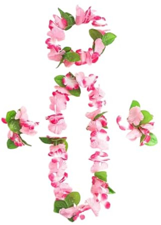 QEDBOJE Ensemble Colliers de Fleurs Hawaïennes Hula Luau Collier Bracelet Bandeau Hawaïen pour Fêtes sur la Plage Hawaïenne Pom-Pom Anniversaires (Rose)
