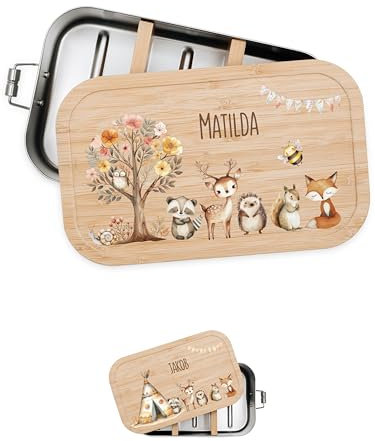 Bärenfreunde® - Personalisierte Brotdose für Kinder mit Spezial-Druck - Robuste Edelstahl Brotdose - Personalisierte Geschenke für Kinder & Erwachsene (Blumenbaum Tiere,klein Edelstahl)