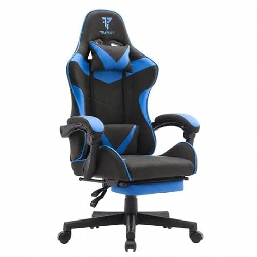 Tempest Shake Silla Gaming con Reposapiés Extensible, Cojín Lumbar con Masaje, Reclinable 135°, Tela Transpirable, Gris (Azul)