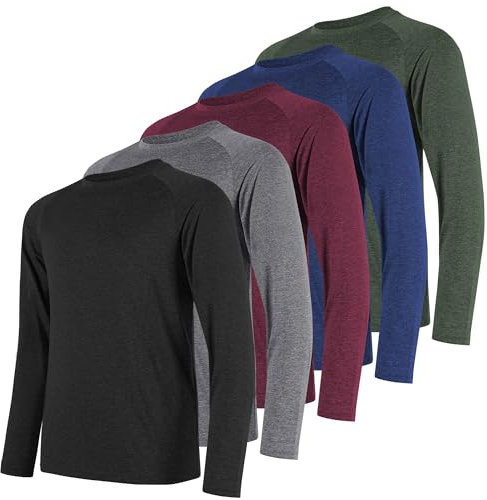 miijoory Long Sleeve T Shirts for Men Breathabal Quick Dry Performance Sports Gym Tops UV Sun Protection Tee Shirts for Workout Running 5 Pack (S,Black,Blue,Dark Grey,Army Green,Red)