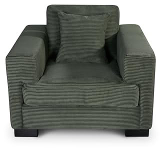 Plush Cord Green Fabric Single Sofa 99 CM Wide Armchair – Durable Fabric & Removable Cushions , Compact Quality Modern Rectangular Living Room Snuggle Chair for Small Spaces & Apartments