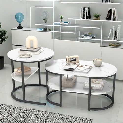 BLSYHDH Stapelbare Beistelltische, 2er Set Tisch mit Stauraum aus Metall, moderne Beine mit weißem Marmormuster für Wohnzimmer, Balkon und Büro (rund, schwarz)