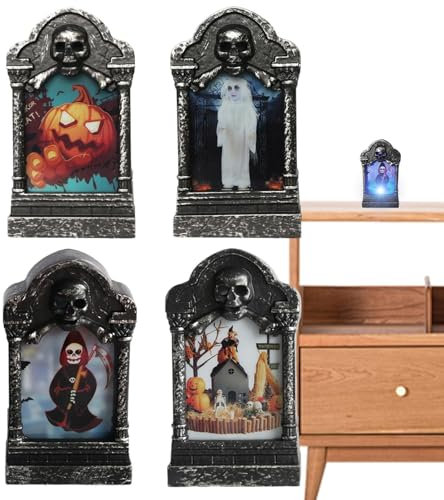 Wpsagek Halloween-Grabstein-Lampe, 7 Farben, blinkendes Licht, gruselige Grabstein-Lampe, LED-Kerzenlicht, Harz-Lampen, Halloween-Dekoration für Spukhaus