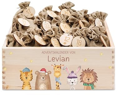 wunderwunsch® - Personalisierter Adventskalender zum selber befüllen - Adventskiste Holz mit kinderfreundlichem Druck - mit Juteschnur Jutesäckchen und Holzzahlen (Tiere Sterne)