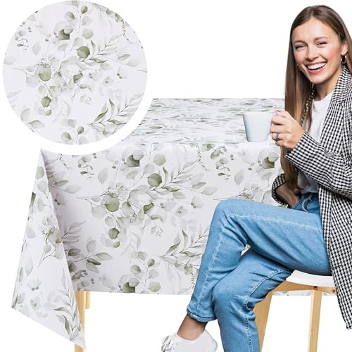 KP HOME Weiße PVC Tischdecke Abwischbar Mit Boho-Blättermuster – Rechteckige Wachstuchtischdecke 200x140 cm – wasserdichte Und Abwischbare Kunststoff Vinyl Wachstuch Mit Grünen Eukalyptusblättern