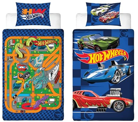 Hot Wheels Parure de lit Simple avec Housse de Couette réversible Double Face Motif Voitures avec taie d'oreiller Assortie Idéal pour Chambre d'enfant