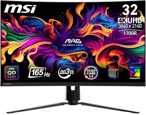MSI MAG 321CUP QD-OLED Monitor Gaming Curvo da 32 UHD - 1700R, Pannello Quantum Dot OLED (3840 x 2160), 165Hz / 0,03ms, 99% DCI-P3, ΔE≤2, DisplayHDR True Black 400, DP 1.4a, HDMI 2.1, USB Type-C