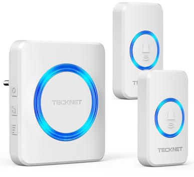 TECKNET Funkklingel, IP65 Funk klingel Set Aussen Wasserdicht, Kabellose Türklingel 600M Reichweite, Haustür Klingel kit mit 1 Plug-In-Empfänger und 2 Sender, 60 Melodien doorbell Mit LED-Blitz