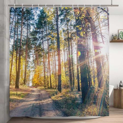 Ttincceer Wald Duschvorhang 180x180cm Natur Landschaft Sonnenschein Badezimmer Vorhang Sonnenlicht Dschungel Straße Duschvorhänge Set mit Haken Wasserdicht Badewanne Vorhang Polyester