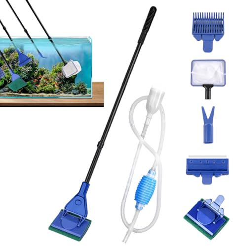 5 in 1 Fish Tank Cleaner Kit, Aquarium Cleaning Kit Fish Tank Cleaning Kit with Aquarium Syphon, Fish Tank Scraper, Spoon Net, Gravel Cleaner, Sponge, Plant Fork for Domestic Fish Tank Maintenance