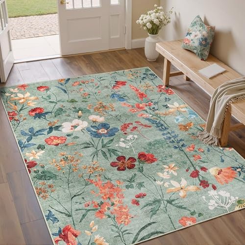 HUGEAR Vert Tapis Salon 80x150cm Floral Chambre Lavable en Machine Antidérapant Boheme Naturel Fleur Grand Carpet Bureau Salle a Manger Doux Poil Ras Rug