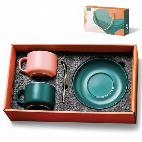 CozyHomeWare Coffee Tea Mugs Gift Set, Pink and Green | Gift for Couple, Styled Ceramic Couple Cup Set with Plate and Spoon, Gift Box, Wedding, Anniversary, Birthday Gifts