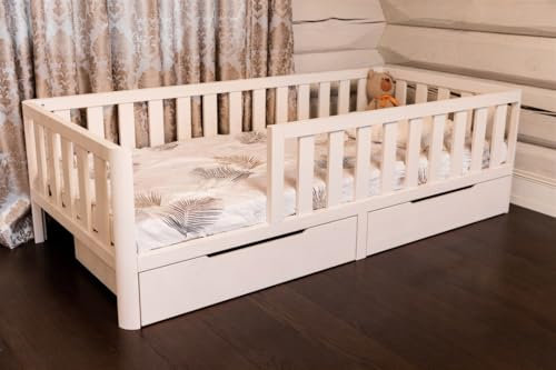 Mandrele - Montessori Bett, Bodenbett mit Lattenrost und Schubladen, Rausfallschutz Bett, Kinderbett, Holzbett mit Bettgestell für Jungen und Mädchen, 200x90cm, Weiß
