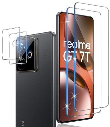 Xunzii Protector de Pantalla para Realme GT 7 / Realme GT 7T 5G y Protector Lente Cámara [2+2 Piezas], 9H HD Alta Sensibilidad Resistente a Arañazos Cristal Templado Vidrio Templado [Transparente]