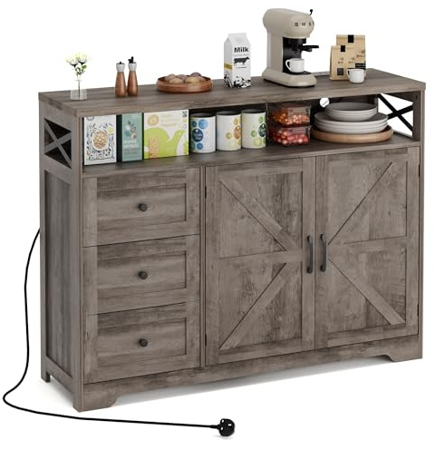 BonVache Sideboard Cabinet,Wooden Sideboard with Adjustable Shelf,3 Drawers and Open Shelf,Storage Cabinet for Living Room,Kitchen Storage Unit for Modern Home,Gray