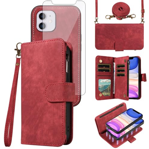 Phone Case for iPhone 11 6.1 Zipper Wallet Magnetic Detachable Cell Cover with Screen Protector Crossbody Lanyard Strap Flip Card Holder Slot iphone11case iPhone11 i Phone11 11s XI 11R Women Girls Red