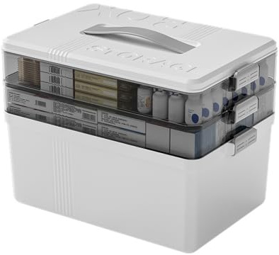NUODWELL 3 Layers Medicine Storage Box, Portable First Aid Box | Household Lockable Medical Box with Lid, Medication Storage Cabinet for Home, School, Office (White)