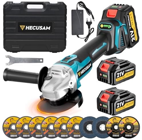 Akku Winkelschleifer 125mm, Flex Akku Winkelschleifer Set mit 2x 4.0Ah Akku, 1200W Bürstenloser Motor 4-stufige Regelung 10.500RPM, 10 Stk Schneidscheiben für Trennen, Schleifen & Bürsten (Blau)