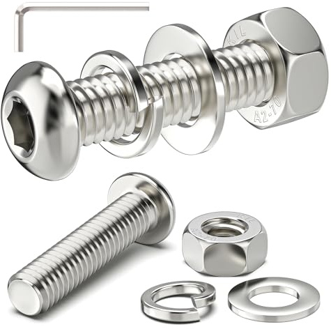 10Sets M6 x 25mm Button Head Socket Bolts Screws and Nuts | M6 Bolts and Nuts Set, Flat & Lock Washers, 304 Stainless Steel, Fully Threaded with Allen Key
