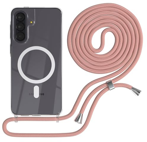 EAZY CASE - Handykette kompatibel mit Galaxy A57 Kette zum Umhängen Stoßfest Handyhülle für Galaxy A57 Silikon Hülle mit Band Handytasche Transparent als Fallschutz in Alt Rosa - Clips Silber