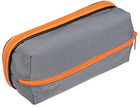 Idena 20042 - Schlamperetui mit 2 Fächern, 6 Steckplätzen für kleine Schreibutensilien und Schlaufe für Lineal, grau - orange, ca. 22 x 10 x 10,5 cm